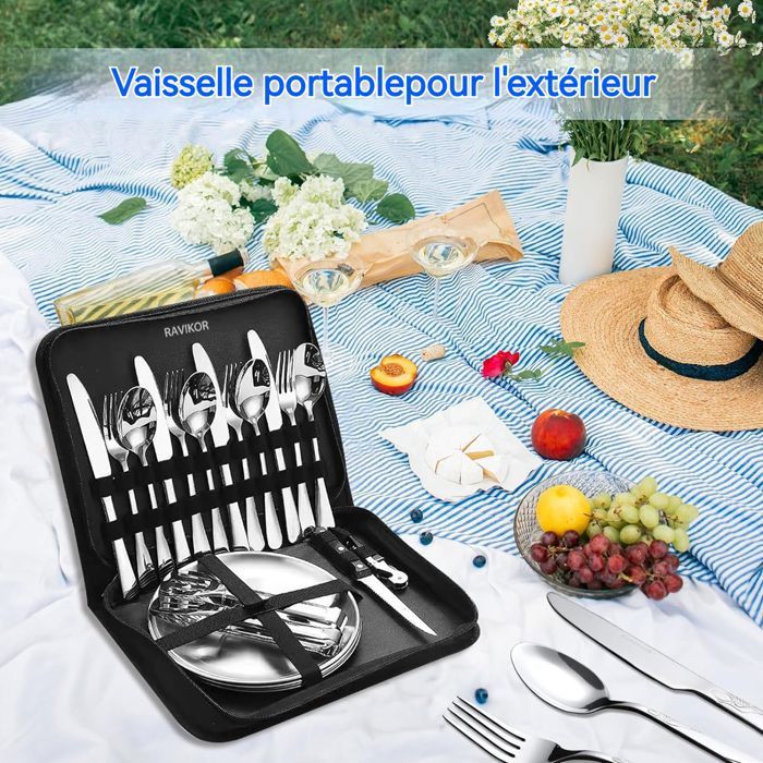 Set De Couverts De Camping Pliable 5-en-1 – Acier Inoxydable – Avec Sac De Rangement – Pour Rando Et Pique-nique