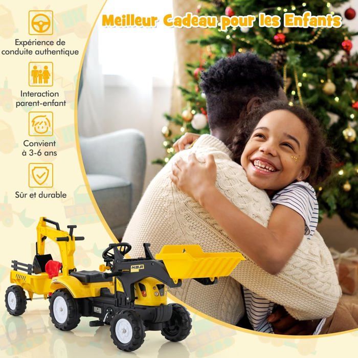 3 en 1 Tractopelle Enfant avec Pelle et Remorque Amovible, Tracteur