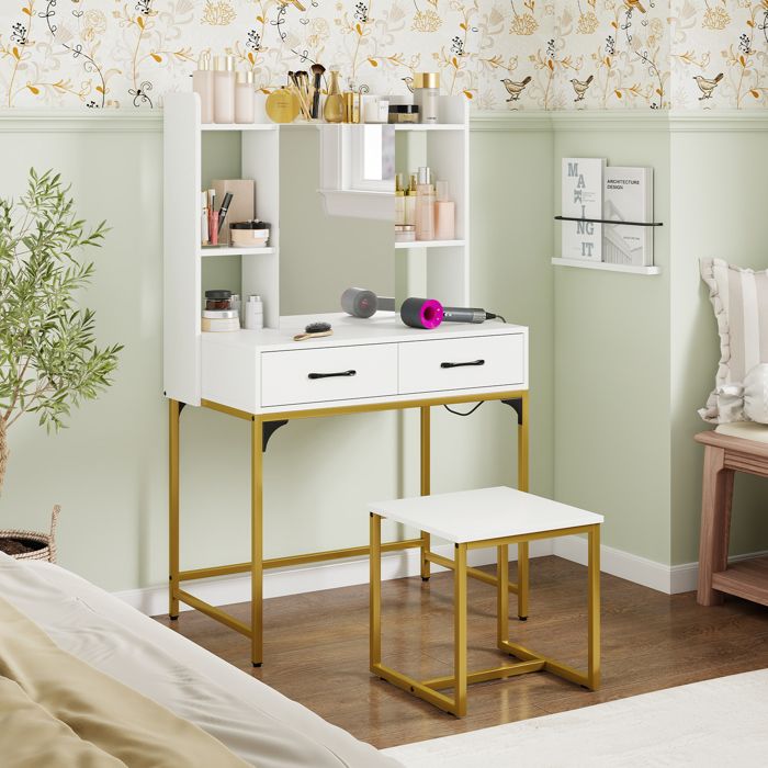 Giantex Ensemble de coiffeuse avec miroir rabattable et tabouret rembourré, 2 tiroirs et 3