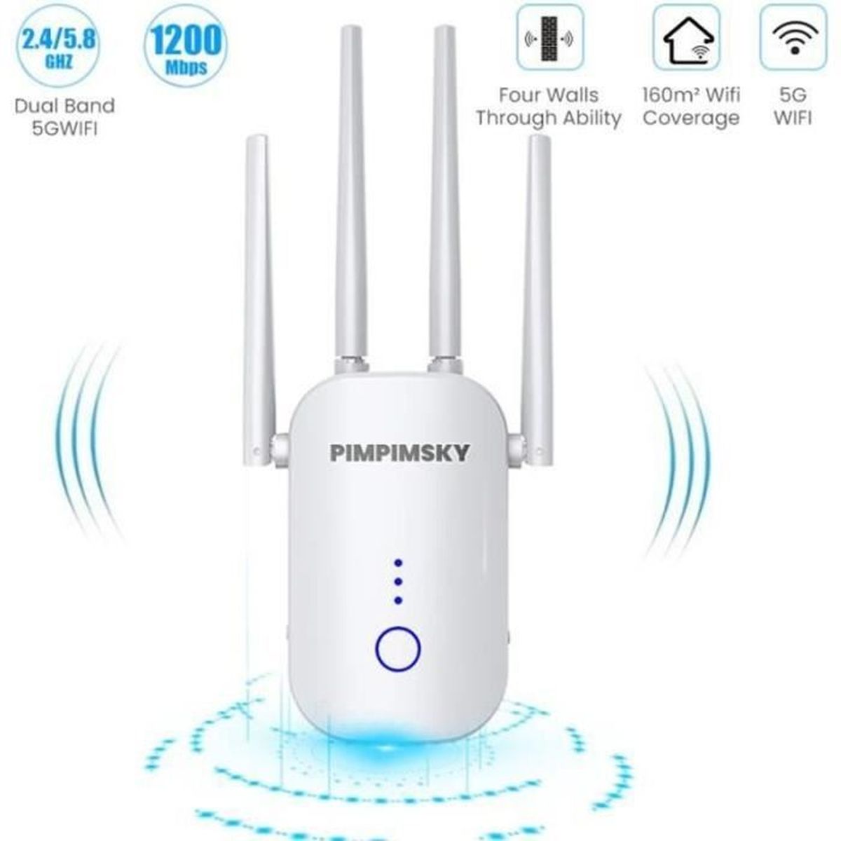 Répéteur WiFi Puissant 1200Mbps Amplificateur WiFi 5.8GHz & 2.4GHz