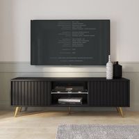 Meuble TV - BELLO - avec LED - 135 cm - noir - façades à lamelles et pieds dorés