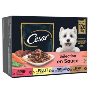 BOITES - PATÉES LOT DE 3 - CESAR - Sélection en sauce Pâté pour chien au bœuf poulet agneau dinde - boite de 12 sachets de 100 g