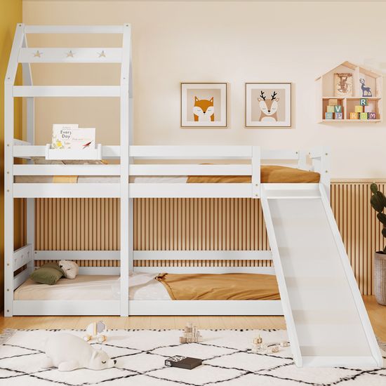 Lit Superposé Enfant Lit Cabane 90 X 200 Avec Toboggan Et échelle - En Bois - Sans Matelas Blanc 91021951