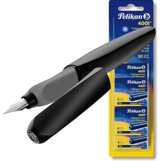 Pelikan Twist Roller Stylo Ergonomique – Noir – Idéal Pour Droitiers Et Gauchers – Avec 2 Cartouches Bleues Incluses