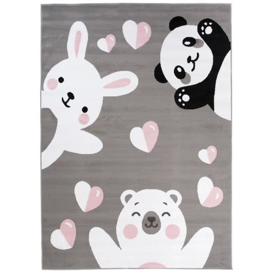 TAPISO Tapis Chambre Enfant Poils Ras Pinky Gris Ours Panda Lapin Polypropylène Intérieur 80x150 cm