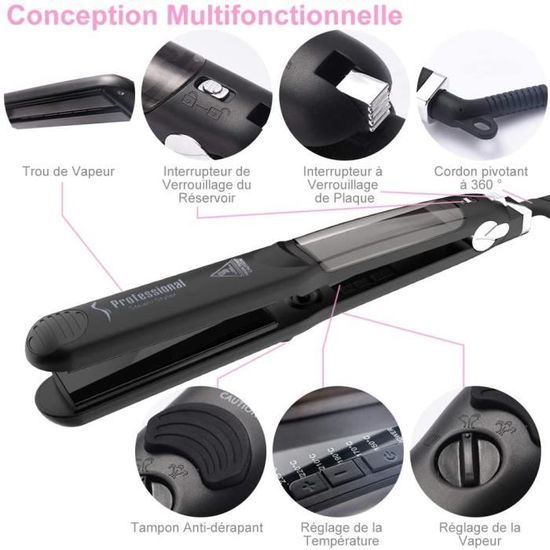 Lisseur Cheveux Professionnel Fer à Lisser anti frisottis à vapeur Titane Plaques en Céramique