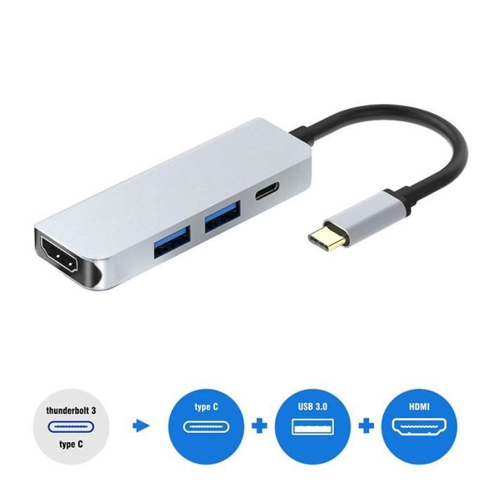 Hub 4 en 1 de type C vers HDMI 4K avec 2 ports USB 3.0 et PD Adaptateur multiport USB C pour MacBook Google Chromebook Samsung