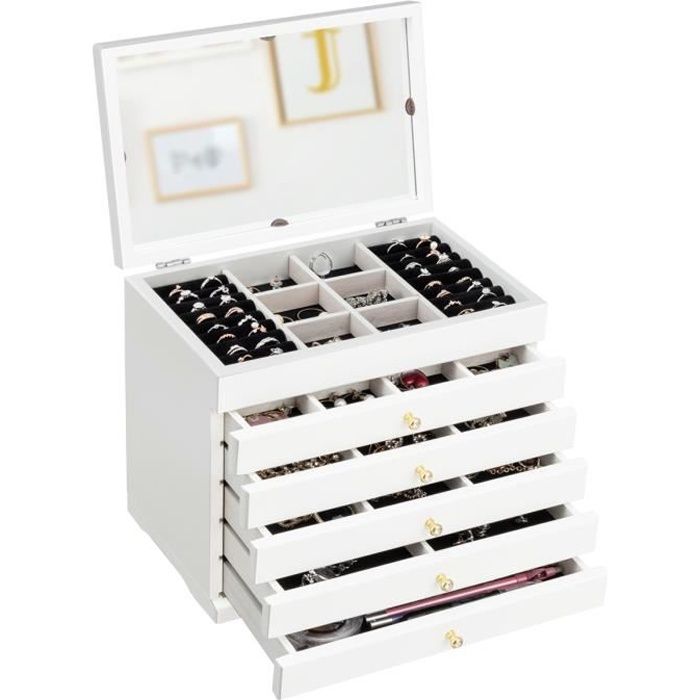 COSTWAY Boîte à Bijoux avec Miroir 6 Couches,5 Tiroirs  30 x 19 x 25 CM en Bois de Pin pour  Boucles d'Oreilles, Colliers, Bagues