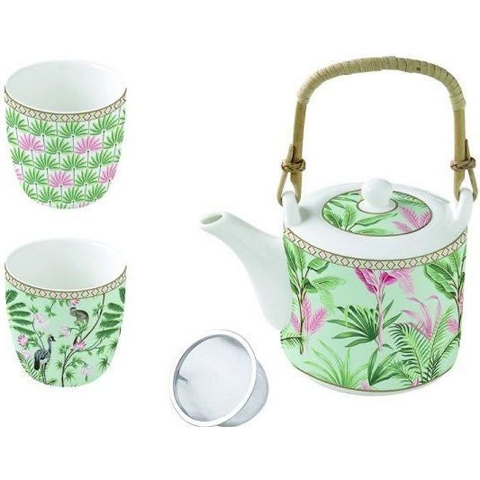 COFFRET THEIERE EN PORCELAINE 600 ML AVEC FILTRE INOX ET 2 GOBELETS 16 CL WILD TROPICAL - EASYLIFE