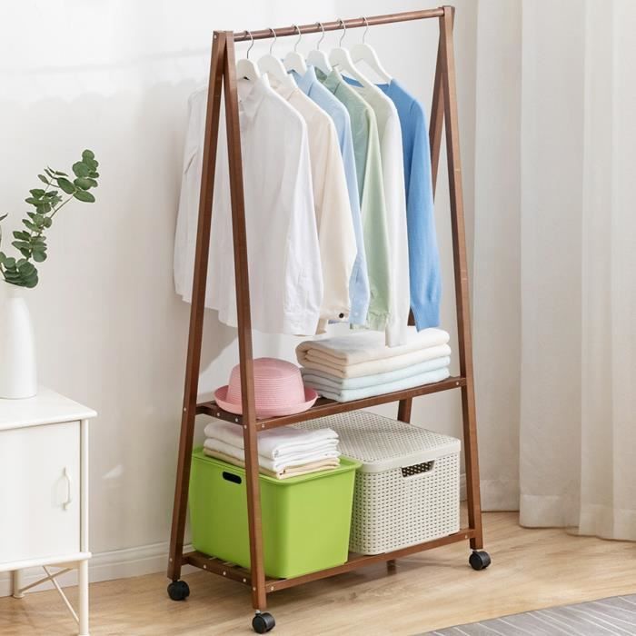 VINTEKY® Penderie/Portant à vetement solide en bois bambou, avec 2 étagères de rangement et roulettes 90x32x149cm - Brun
