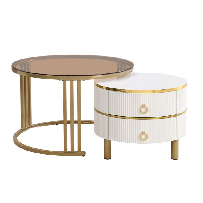 2 en 1 Table basse ronde en MDF Table dappoint effet marbre Table basse à 2 tiroirs pour salon 70*70*45 + 50*50*40cm Blanc