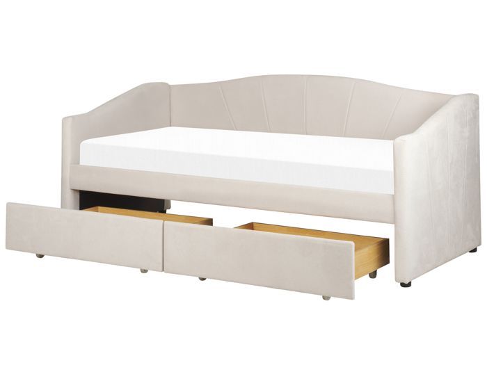 Lit à rangement en tissu beige clair 90 x 200 cm VITTEL Lit à rangement en tissu beige clair 90 x 200 cm VITTEL