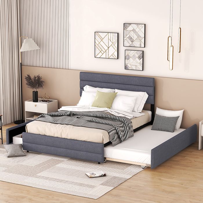 Lit avec tiroirs Lit 140 x 200 cm avec machine à défaire pour deux personnes et deux tiroirs Lit adulte Gris