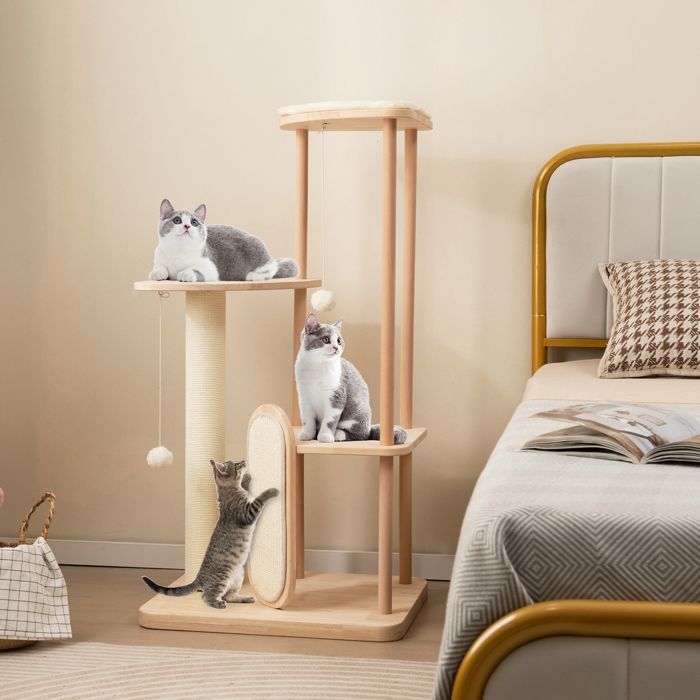 Meilleurs prix pour GOPLUS Arbre à chat multi-niveaux 112 cm, Tour en bois pour chat avec poteau à griffer en sisal, perchoir rembourré, 2 jouets