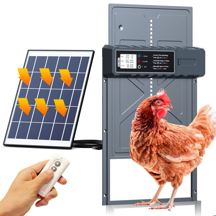 Meilleurs prix pour Porte Poulailler Automatique Solaire Minuterie Étanche Anti-pincement Porte Automatique Poulailler Aluminium Écran LCD Télécommande
