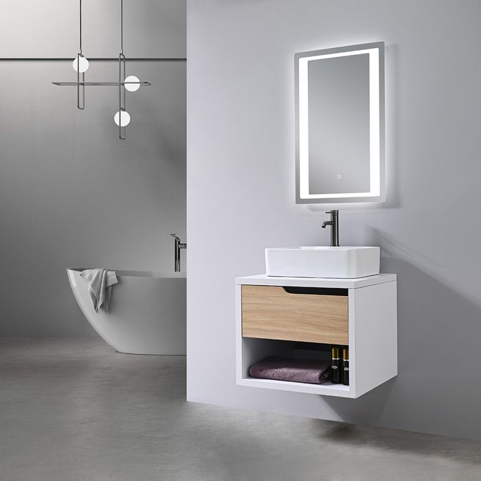 Meuble de salle de bain simple vasque 60cm bois et blanc avec miroir LED LB-8153-60 LuxuryBain-