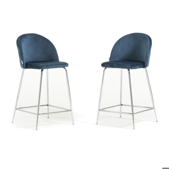 Tabourets - RATTATAN - Sara XL - Velours Bleu - Pieds Métal Argentés - Hauteur 65 cm