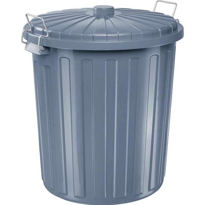 Poubelle Ronde - Helit - 55L - Plastique Gris - Couvercle avec Anses Métalliques