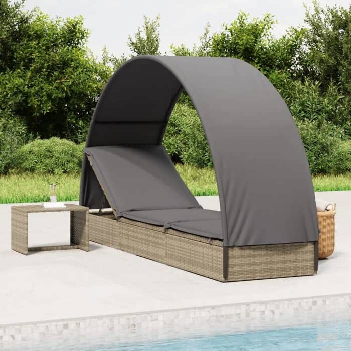 RUIGOU* Transat de jardin Chaise longue - CLARENCE - avec toit rond gris 211x57x140 cm résine tressée Europ295269