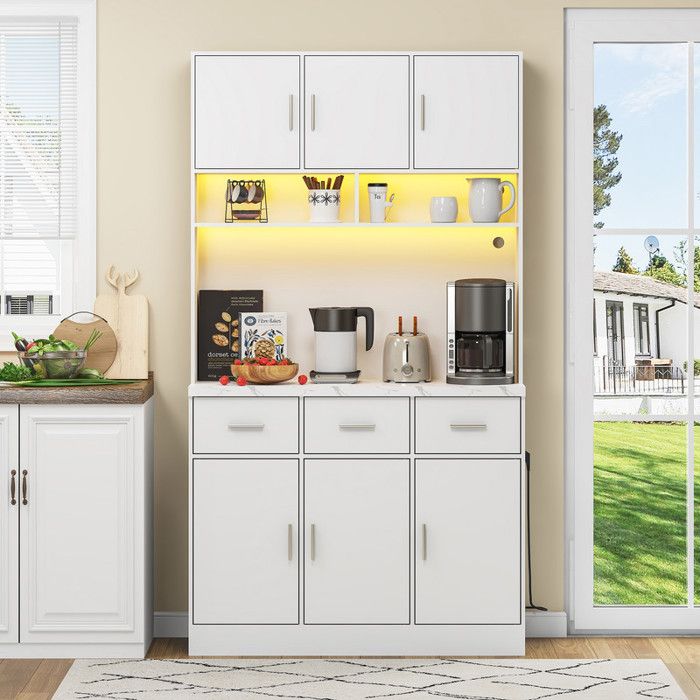 Buffet haut 100x40x180 cm avec éclairage LED et télécommande Buffet de cuisine avec tiroirs et prises électriques Blanc