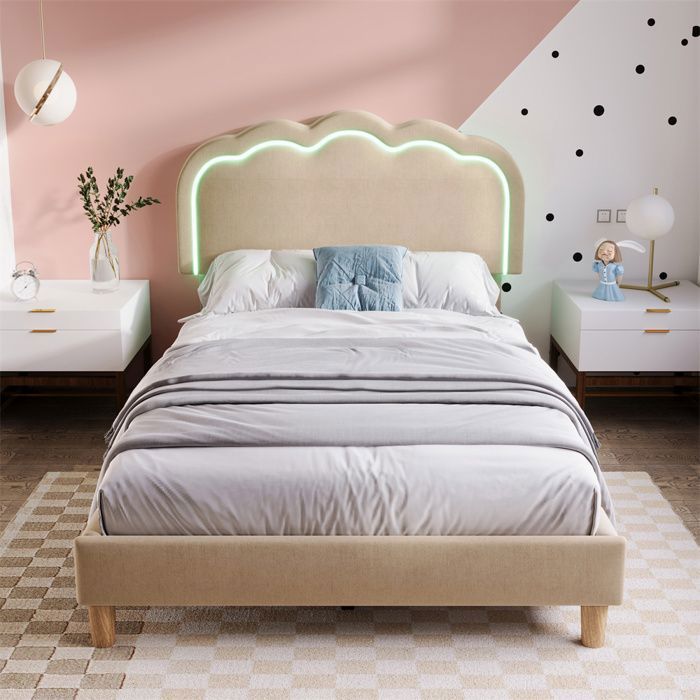 Lit adulte rembourré - YEHTOKHOME - 90 x 190 cm - LED multicolore - Tête de lit réglable