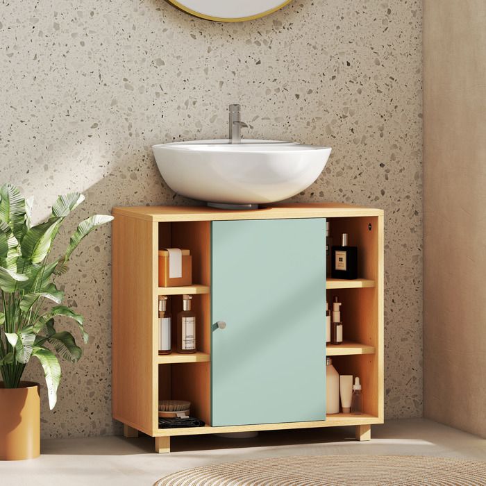 Meuble sous lavabo meuble de salle de bain avec 6 étagères ouvertes et porte à fermeture amortie 60 x 33 x 57 cm vert