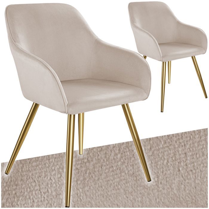 Chaise - TECTAKE - Lot de 2 chaises MARYLIN effet velours rembourrée et pieds en acier noir 58 x 62 x 82 cm - Taupe/Or