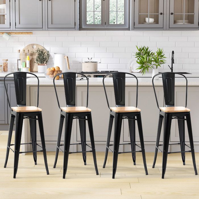 Lot de 4 tabourets de bar chaises de cuisine Industriel avec dossier repose-pied Hauteur Assise 76 cm Bois Clair