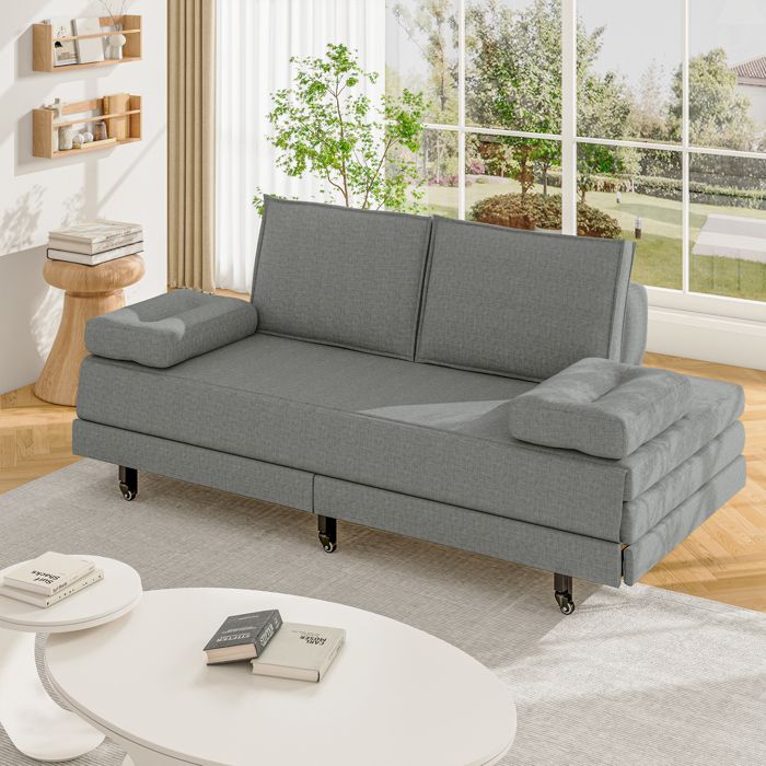 Canapé lit convertible 2 places - Futon sofa bed - Tissu lin gris - Déplié 180x200 cm - Mécanisme pliant