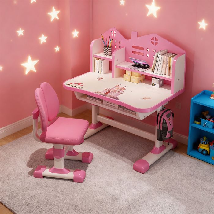 Bureau enfant réglable avec plateau inclinable, tiroir et étagère - Rose
