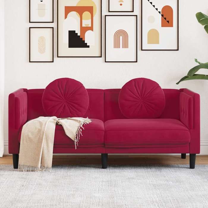Canapé 2 places velours - vidaXL - Rouge bordeaux - 173.5x77x70 cm - Velours doux - Oreillers ronds inclus