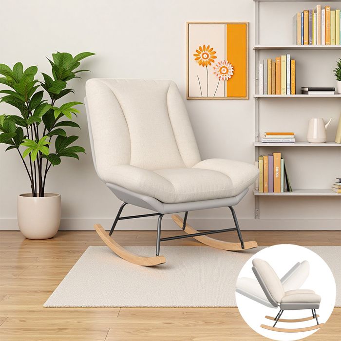 Chaise Relaxante avec Dossier Réglable - Rocking Chair - Fauteuil à Bascule - Pieds en Métal et en Bois Massif - Tissu en Lin-
