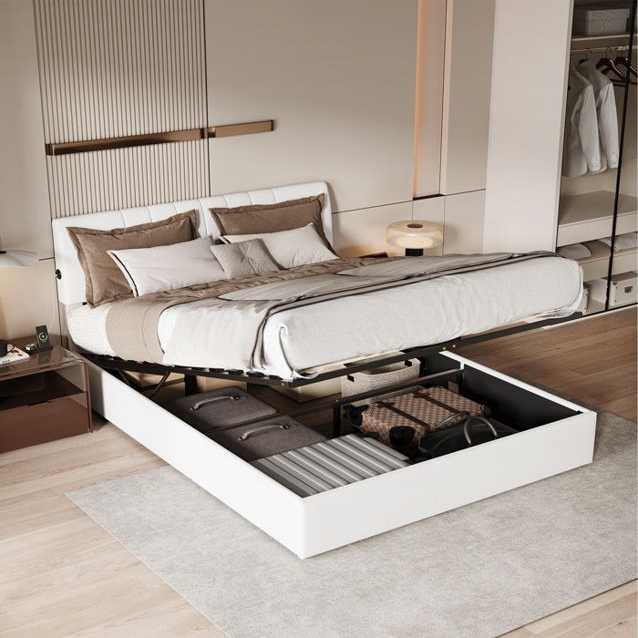 Lit 160x200 cm - lit coffre avec LED et USB - Lit double 160x200 - sommier à lattes - moderne - Blanc Lit 160x200 cm - lit coffre avec LED et USB - Lit double 160x200 - sommier à lattes - moderne - Blanc