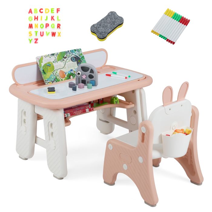 COSTWAY Ensemble Table et Chaise Enfant-39 Accessoires-2 Planches à Dessin Magnétique Effaçable-Étagère de Rangements 1-12 ans Rose