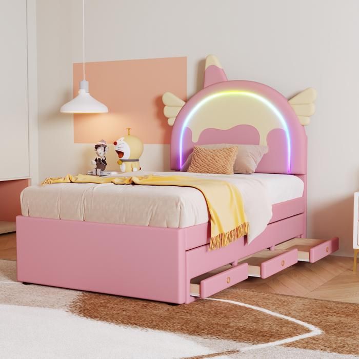 Lit gigogne enfant 90 x 200 cm EVRYAE licorne rose avec lit coulissant 2 tiroirs PU et MDF