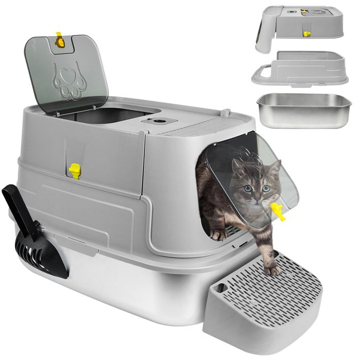 Meilleurs prix pour Bac à Litière pour Chat en Acier Inoxydable - Avec Pédale Anti-éclaboussure et Couvercle Amovible - 36x485x395 cm - Gris