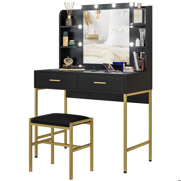 Coiffeuse avec miroir et éclairage intégré, tabouret rembourré, 2 ...