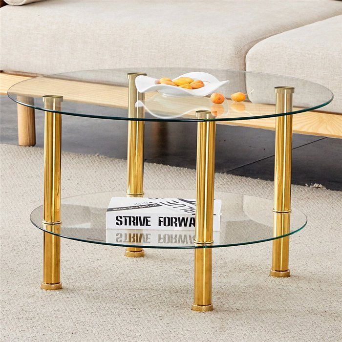 Table Basse Salon Transparente Ronde en Verre Trempé Double Plateau Table Basse Minimaliste avec Pieds en Métal Doré 70x70x42 cm