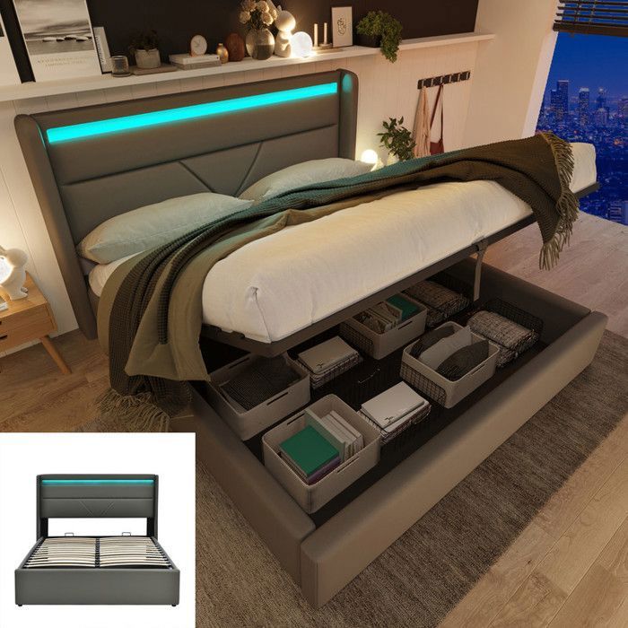 Lit Coffre Hydraulique 160×200 cm - 2 Places pour Adulte - Gris - LED avec télécommande - Espace de rangement