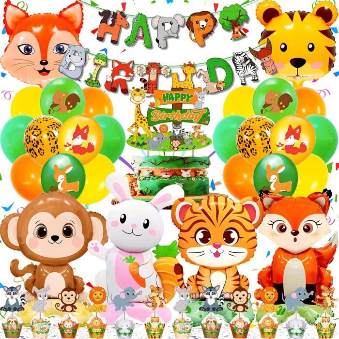 Decoration Anniversaire Jungle Animaux pour Enfants 40PC Kit Ballon Animaux de la Foret Contient Deco Gateau Happy Birthday