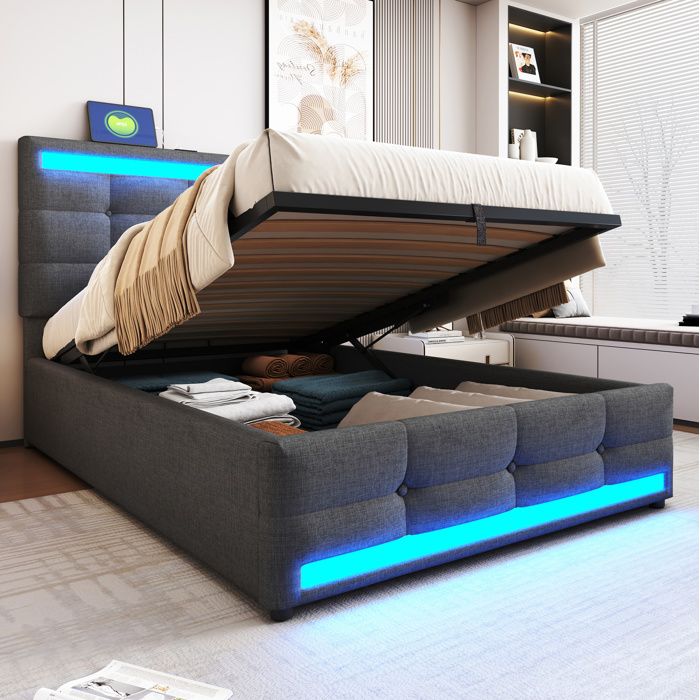 Lit coffre enfant 90x200 cm avec LED. hydraulique. capitonné. port USB. sommier à lattes. sans matelas. lin. gris