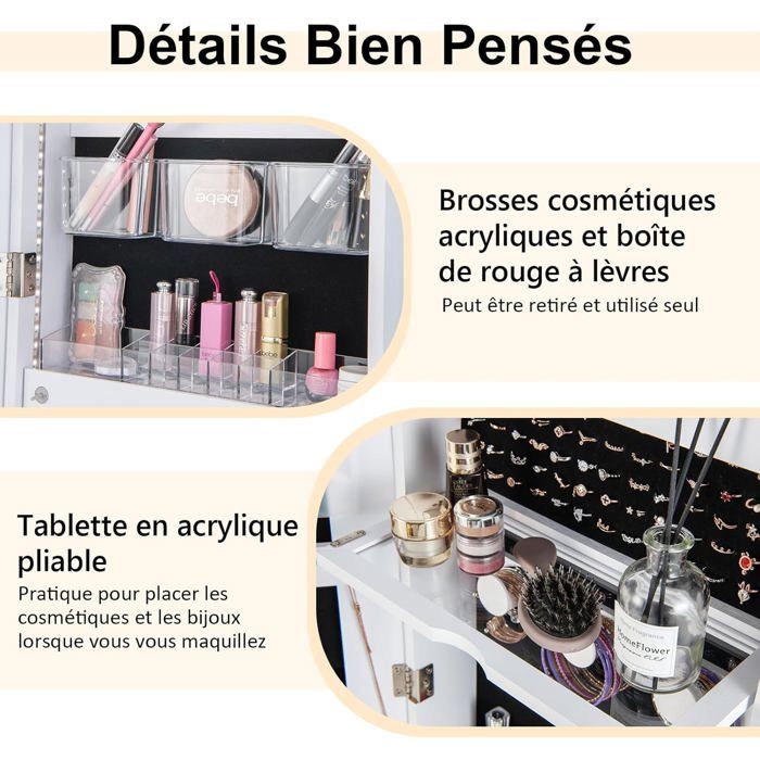 GIANTEX Armoire à Bijoux sur Pied avec Miroir sans Cadre avec Serrure Lumières LED 3 Couleurs Miroir Intérieur Cadre en Fer Blanc GIANTEX Armoire à Bijoux sur Pied avec Miroir sans Cadre avec Serrure Lumières LED 3 Couleurs Miroir Intérieur Cadre en Fer Blanc