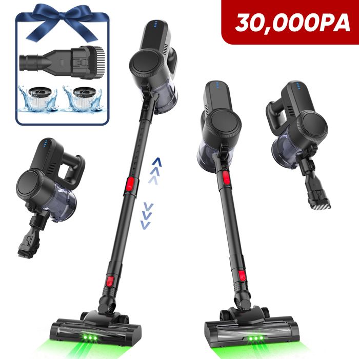 LAMZIEN  Aspirateur balai sans fil 30KPA/4400mAh*3/40 min autonomie - Lumi&egrave;re LED Verte - Debout autonome- l&eacute;ger