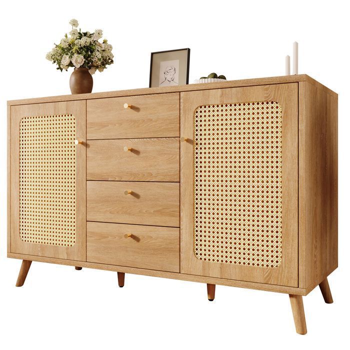Buffet de cuisine avec 4 tiroirs et 2 portes. étagères réglables. bois décor chêne clair. style rotin. 140x40x86 cm