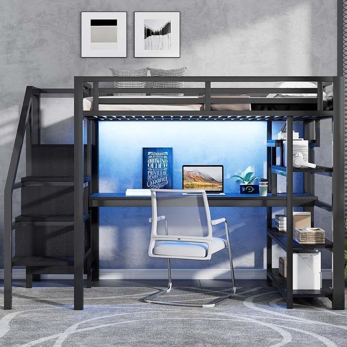 Lit mezzanine - 140 x 200 cm - Escalier avec rangements & armoire - Bureau intégré avec prise USB - Éclairage LED