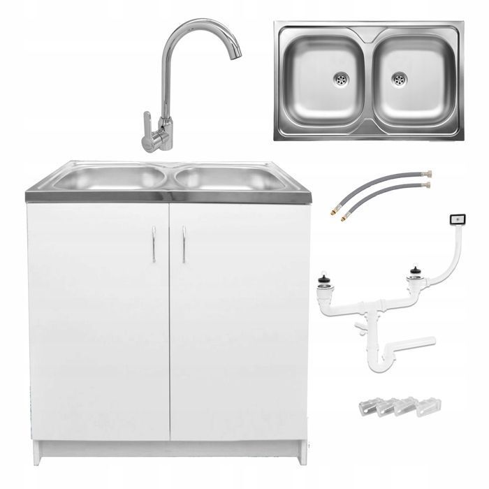 STAMAR Meuble sous Évier 80 cm Blanc + Évier Inox 2 Bacs + Robinet Haute Chromé + Siphon LV - 80x49x82 cm