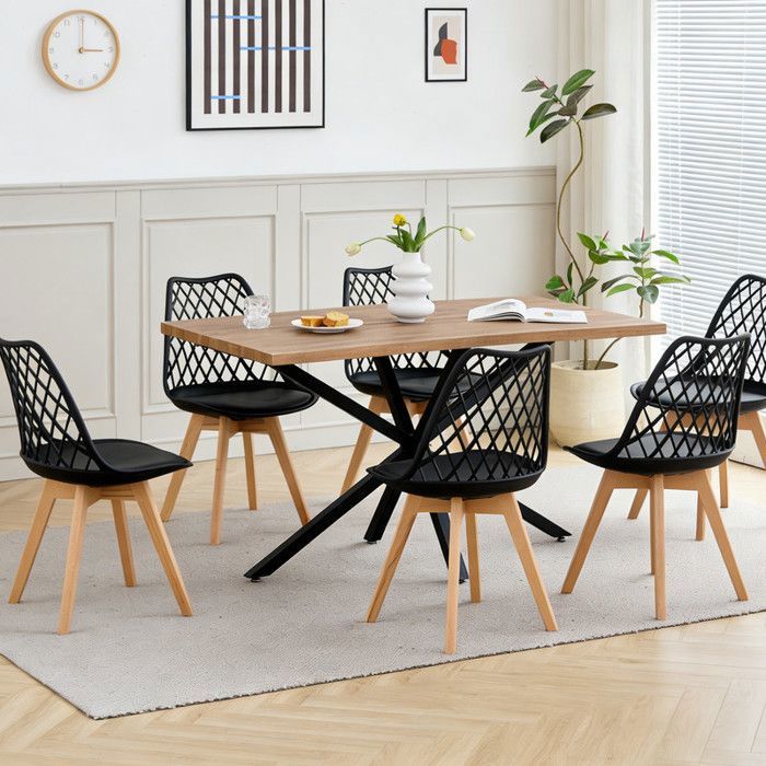 Ensemble Table et Chaises à Manger -HJhomeheart - Table MDF Couleur noyer 140cm - avec 6 Chaises Scandinaves Noir