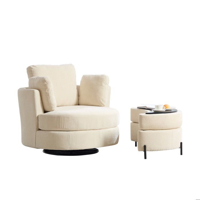 Fauteuil Pivotant 360° avec Repose-Pieds Chaise Lounge Confortable avec Base Métallique et Coussins Beige