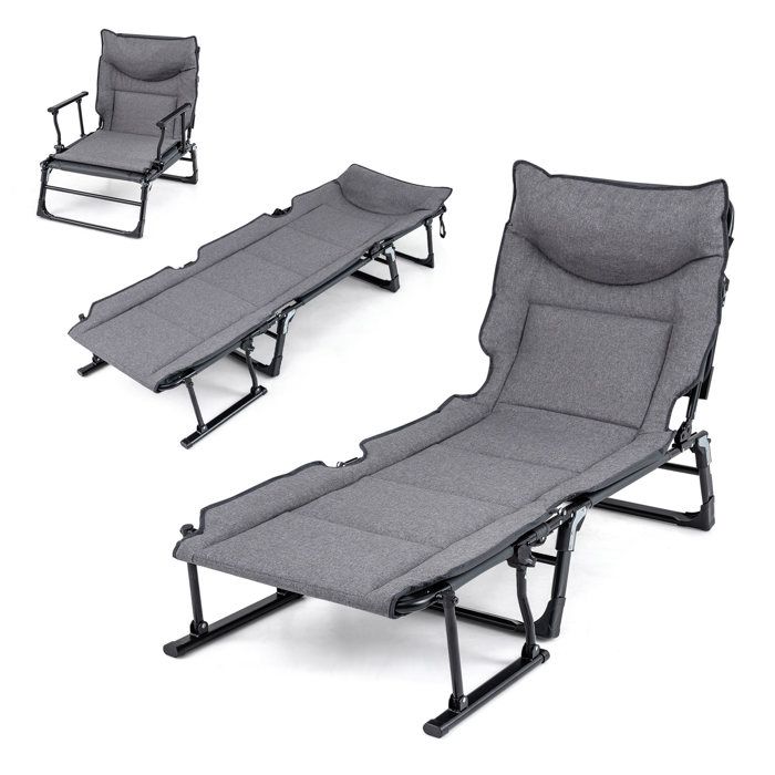 COSTWAY Lit de Camp Pliable avec Dossier Réglable à 6 Positions Coussin Intégré Cadre en Métal Robuste 180 x 66 5 x 38 cm