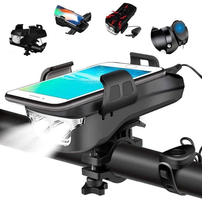 Éclairage vélo 4 en 1 avec support pour téléphone et batterie externe intégrée - Support pour smartphone - Rechargeable par USB